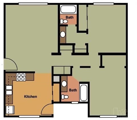 Floor plan for 2 beds, 2 baths, 998 sqft